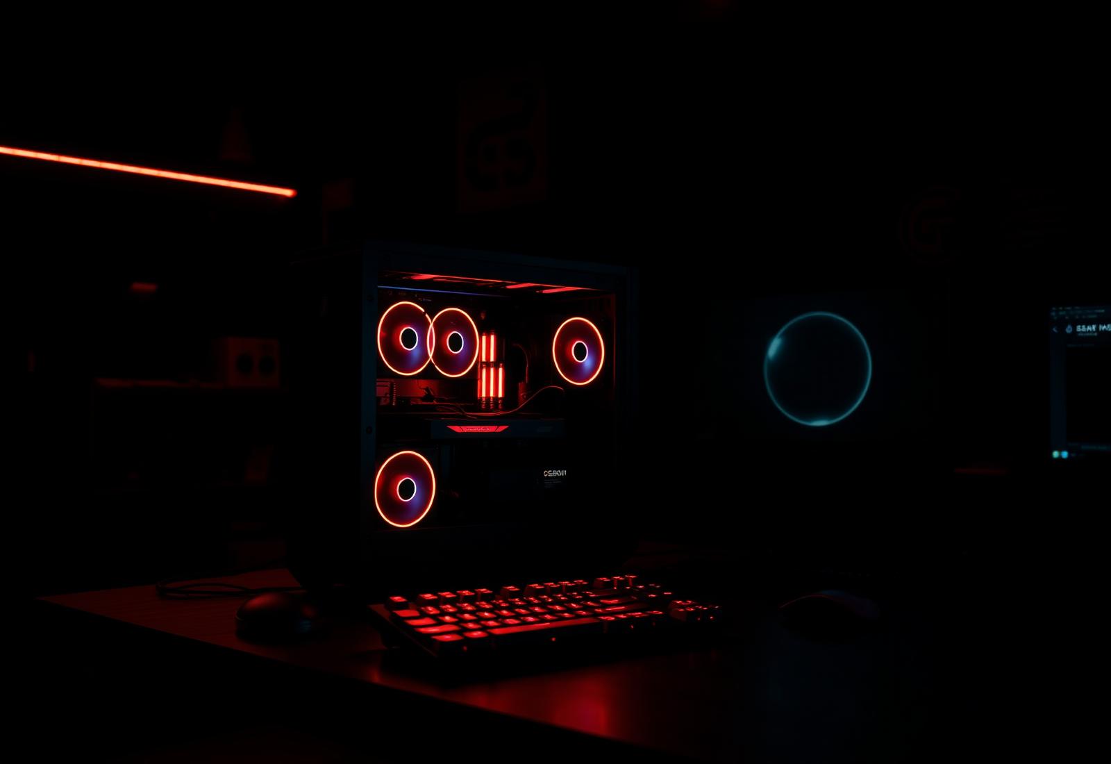Computador gamer montado com iluminação vermelha